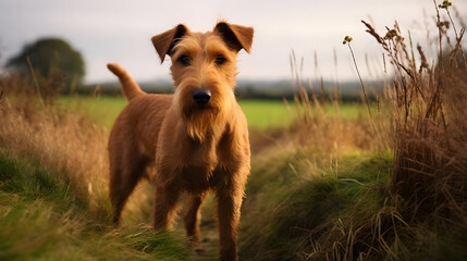 Sprightly Irish Terrier in a Countryside Landscape. Generated AI