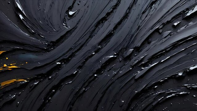 Designer plaster imitating rock. A dynamic abstract artwork of black paint splashes in motion, with blue and yellow liquid flowing over a dark surface. 
