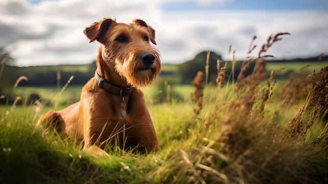 Sprightly Irish Terrier in a Countryside Landscape. Generated AI