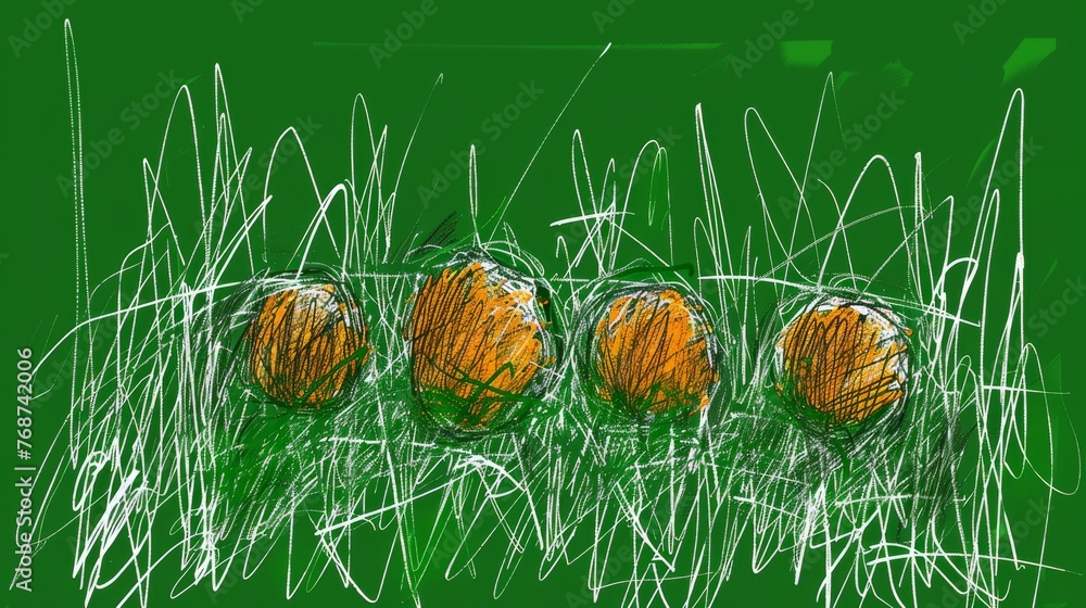Poster three oranges in a field with a green background