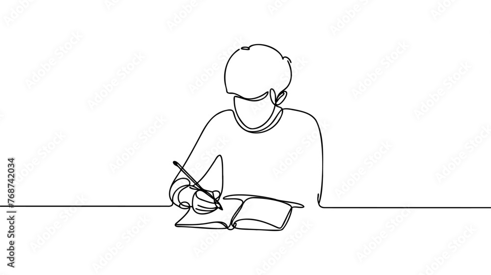 Poster man writes something on a thick notebook or book. one continuous line drawing of a man write, an inv
