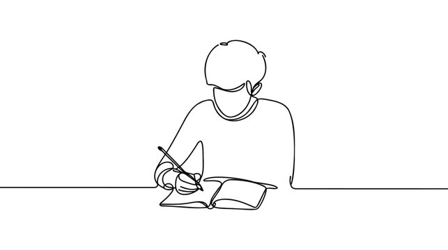 Man writes something on a thick notebook or book. One continuous line drawing of a man write, an invitation to someone close, he is happy and grateful.