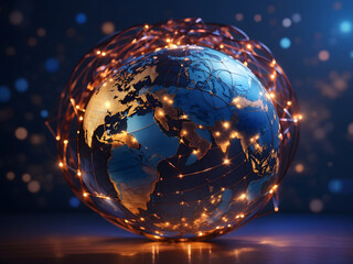 A global network depicted by a shining globe emphasizes interconnected economies. The Concept includes Global Economy, International Trade, Connected Markets, and Economic Interdepe Global Business 