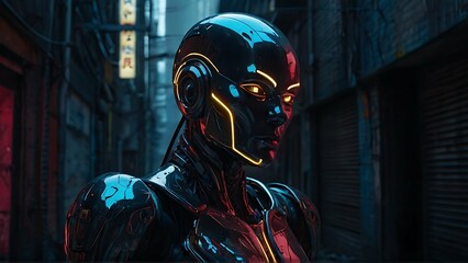Fototapeta na wymiar In a dimly lit alleyway, a mesmerizing android stands tall, its metallic exterior gleaming under neon lights. The photograph captures the android's sleek, futuristic design in stunning detail. Its glo