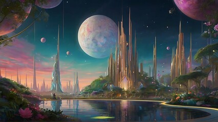 Amidst a whimsical cosmos, a solarpunk sultry celestial body radiates ethereal beauty, with shimmering pastel hues blending seamlessly. This concept art piece depicts a lush planet teeming with future - obrazy, fototapety, plakaty