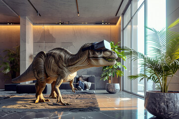 Dinosaur in a modern room, puzzled by VR headset, bright lighting, wide-angle, realistic 3D