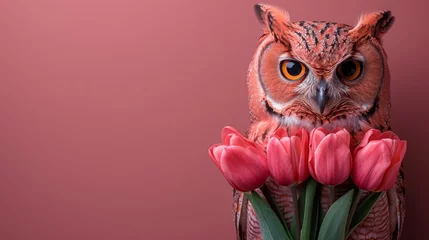 Fototapete Rund  An owl sits atop a vase with tulips against a pink backdrop © Nadia