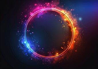 Abstract futuristic background with colorful glowing ring and dark blue gradient, illustration. Design element for presentation or website banner. Generative AI