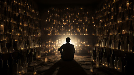 Man sitting in a dark corner surrounded by empty bottles - obrazy, fototapety, plakaty