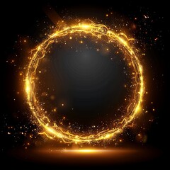 Abstract golden circle frame with a light effect on a black background illustration design element, a glowing ring shape line art effect decoration for luxury business and premium concepts. Generative