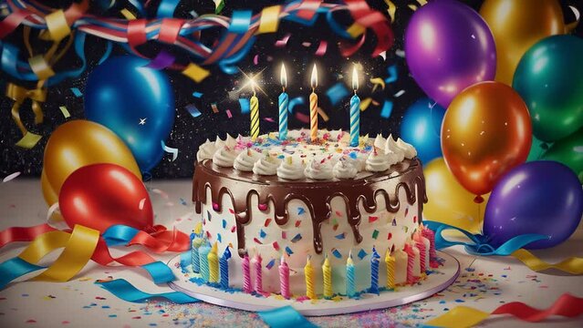 birthday cake with candles on a background of balloons and confetti