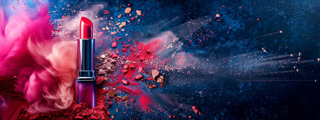 A vivid red lipstick in the center of a dramatic burst of pink and blue dust, symbolizing style and beauty - obrazy, fototapety, plakaty