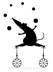 Cute rat or mouse balances on the unicycle.  Cartoon rat or mouse balances on unicycles and juggles the balls. Black and white illustration  © bigmen
