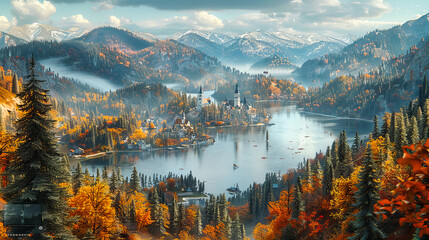 Lake Bled in Fall: A Jewel Amidst the Autumn Hues, Where History and Nature Embrace Under the Morning Mist - obrazy, fototapety, plakaty