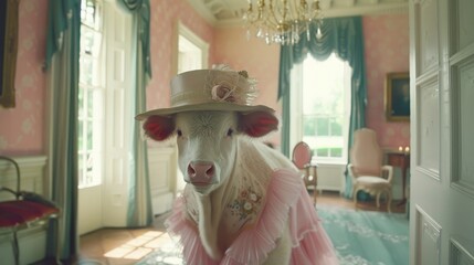  A cow in a pink dress and a hat, in a room with chandeliers