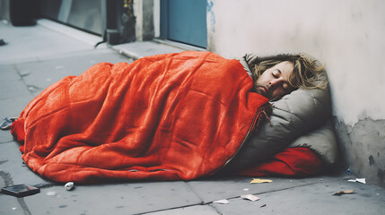 Homeless man sleeping on the street. - obrazy, fototapety, plakaty