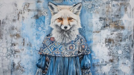 Fototapeta premium A painting of a fox wearing a blue dress on a blue background and a portrait of a woman's face