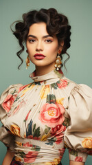 Fototapeta premium Fashion gorgeous woman with dark hair in elegant dress and accessories posing