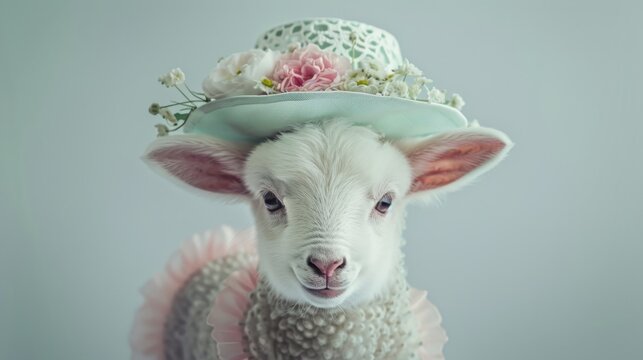 A close-up photo of a sheep wearing a flowered hat and a pink, ruffled skirt