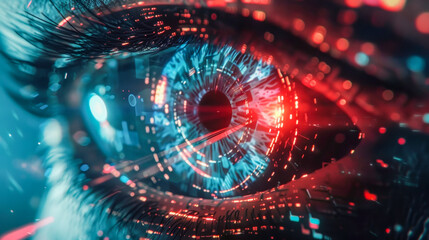Fototapeta na wymiar Detailed view of a high-tech eye implant with blue digital enhancements showing advanced technology
