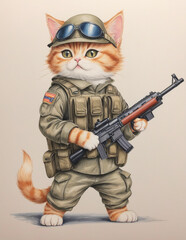 Red-haired cute cat in military ammunition with a weapon - obrazy, fototapety, plakaty