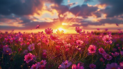 Pink Flowers Field Under Cloudy Sky