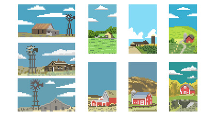 set of Pixel art illustration Farm Barn.  8 bit 16 bit game retro