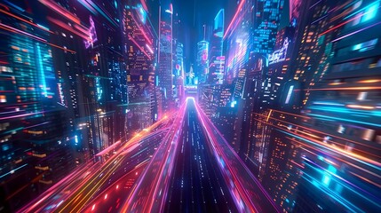 Fototapeta na wymiar Futuristic Neon-Lit Smart City Skyline with High-Speed Light Trails and Virtual Technological Backdrop
