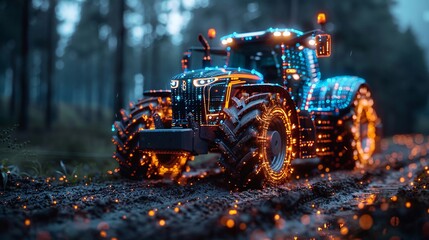 an image depicting AI in agriculture with a hologram of a modern agricultural vehicle. Include ample text copy space for additional information or messaging - obrazy, fototapety, plakaty