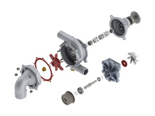 Automotive water pumps exploded view isolated on white