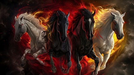 Galloping Steeds of the Apocalyptic Prophecy:Four Horsemen Embodying the Biblical Revelations - obrazy, fototapety, plakaty
