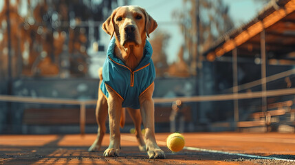 Surreal of a Labrador Retriever Tennis Player on a Court with Optimal Lighting and Composition - Powered by Adobe