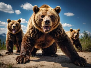 Obraz premium An angry father bear protects his cubs. Child protection concept