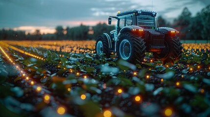 an image depicting AI in agriculture with a hologram of a modern agricultural vehicle. Include ample text copy space for additional information or messaging - obrazy, fototapety, plakaty