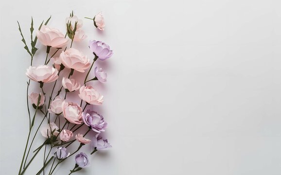 flat lay background with pastel pink and purple paper cut flowers on the left side, mother,s day greeting card, generative ai
