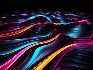 Abstract neon wallpaper with dynamic glowing lines on a black background drawing light. Concept Abstract Art, Neon Colors, Glowing Lines, Black Background design, Dynamic Wallpaper