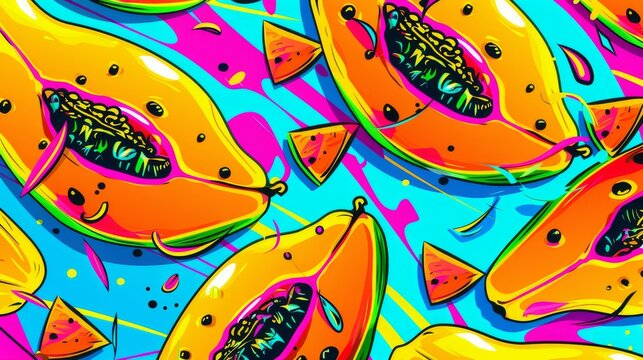 A depiction of oranges and bananas against a backdrop of blue and pink, adorned with a splash of color at the base