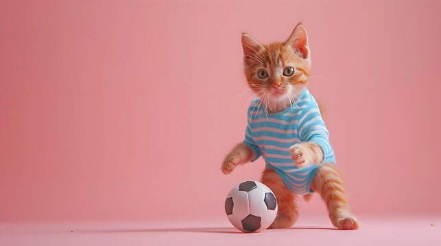 Surreal of Ginger Cat Playing Soccer in Striped Jersey on Soft Pink Backdrop
