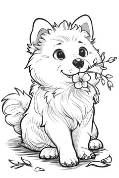 A small white dog with a flower in its mouth