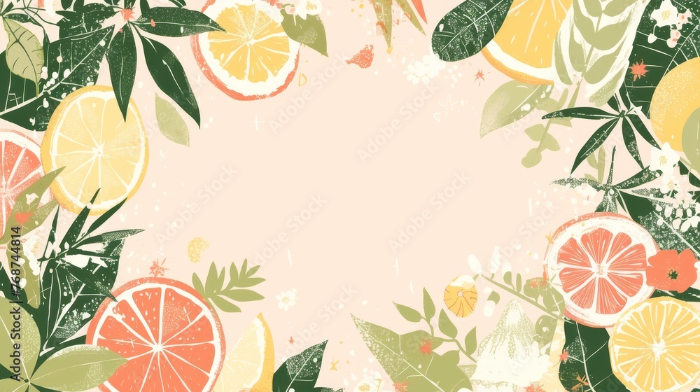 Poster a vibrant array of oranges and lemons, adorned with lush greenery, set against a soft pink backdrop 