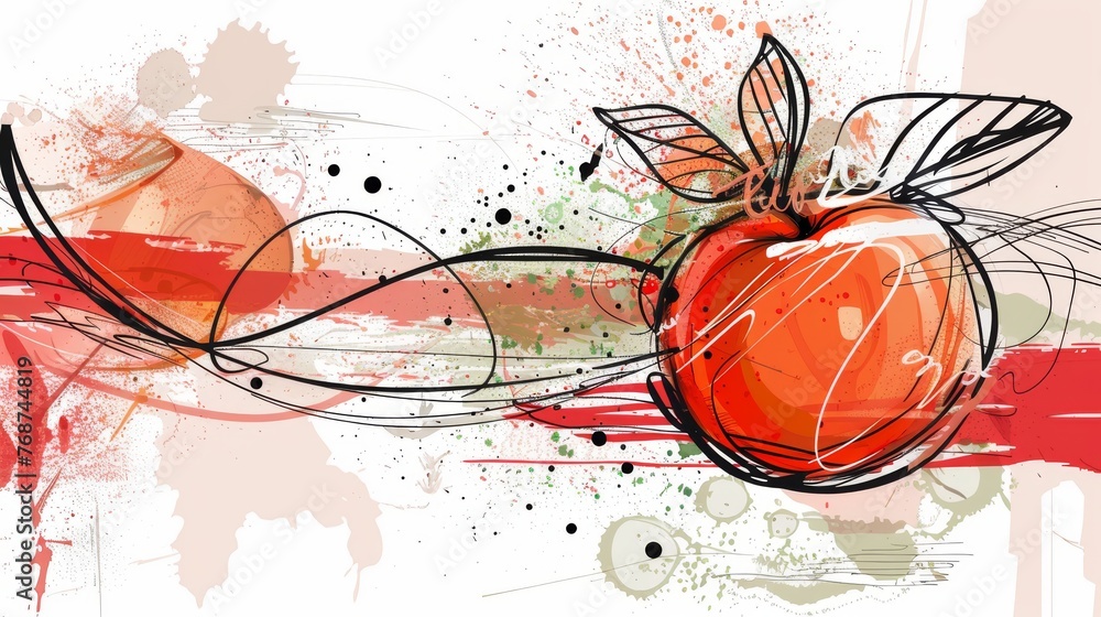 Poster a red apple with a leaf and a splat of paint on its side, painted on canvas