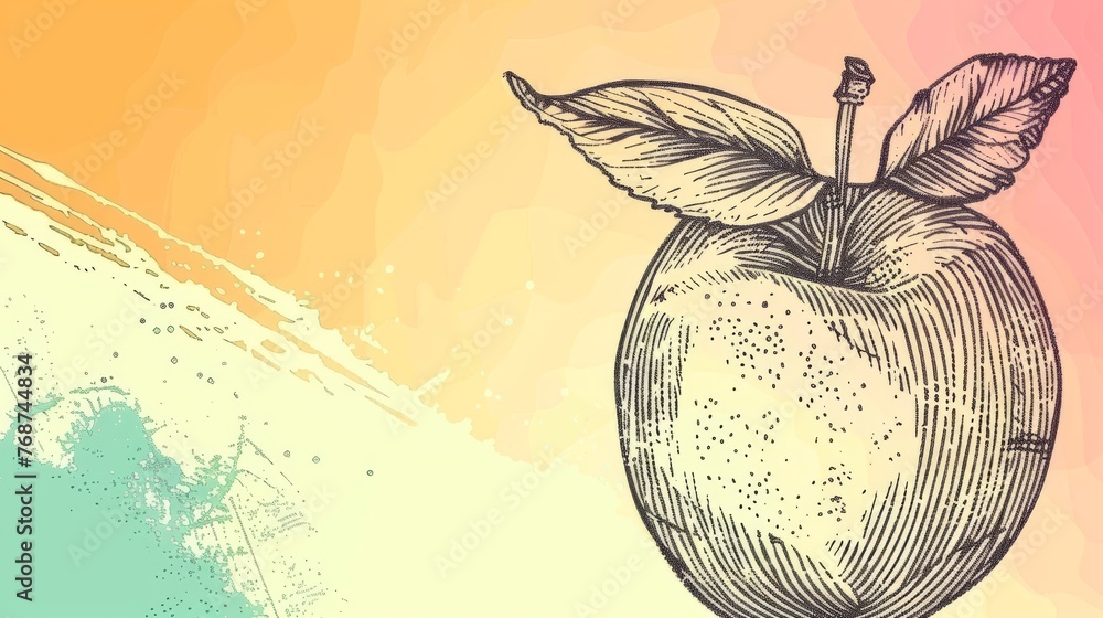 Poster drawing of an apple with a leaf on a vibrant multicolored backdrop, featuring a colorful splash of p