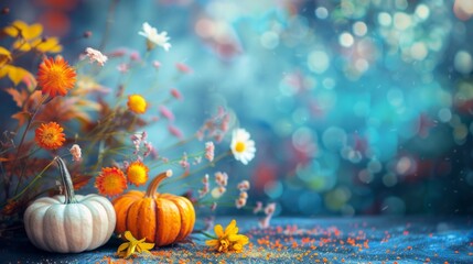Pumpkins and autumn flowers set against a shimmering bokeh backdrop for Thanksgiving.