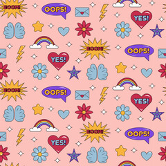 Y2K pattern. Retro seamless pattern with words oops, yes and boom, heart, rainbow, stars, flowers, wings, lighting, envelope. Vector illustration