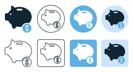 set of Piggy bank icon saving money icon in different style. Baby pig piggy bank invest business