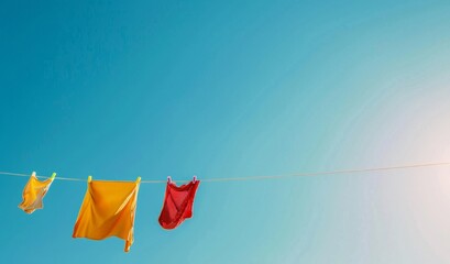 Colorful laundry drying on a clothesline against the backdrop of a clear blue sky.
