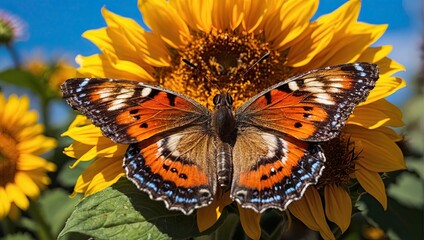 Butterfly perched on sunflower blossoms