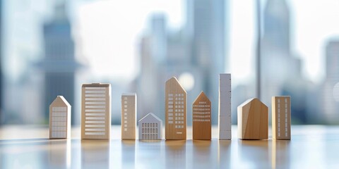 Conceptual cityscape with cardboard building models juxtaposed with blurred urban skyline in the background.
