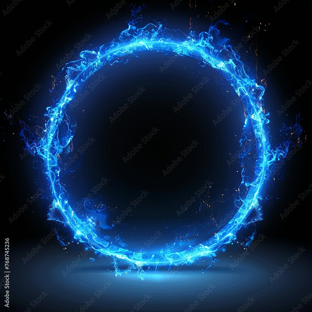 Poster blue glowing light ring frame on a black background illustration in the style of flat design, with d