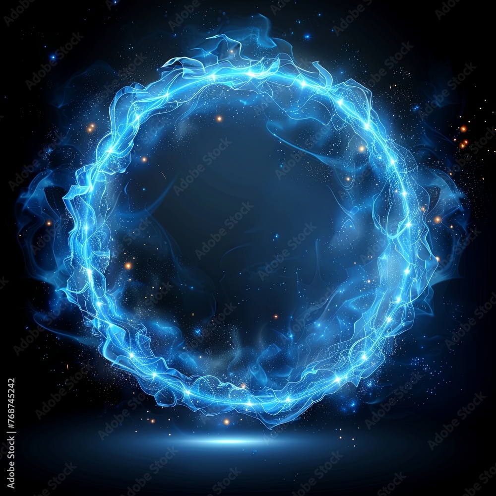 Poster blue glowing light ring frame on a black background illustration in the style of flat design, with d
